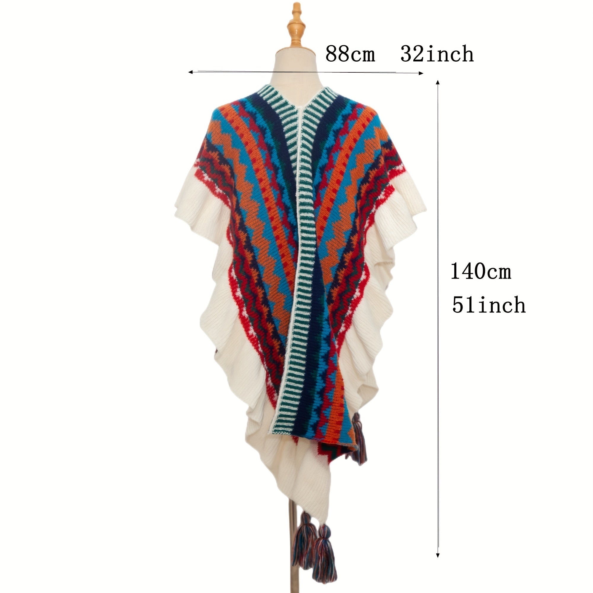 Boho Striped Large Shawl Classic Tassel Wrap Cape Ruffles Cardigan