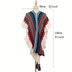 Boho Striped Large Shawl Classic Tassel Wrap Cape Ruffles Cardigan