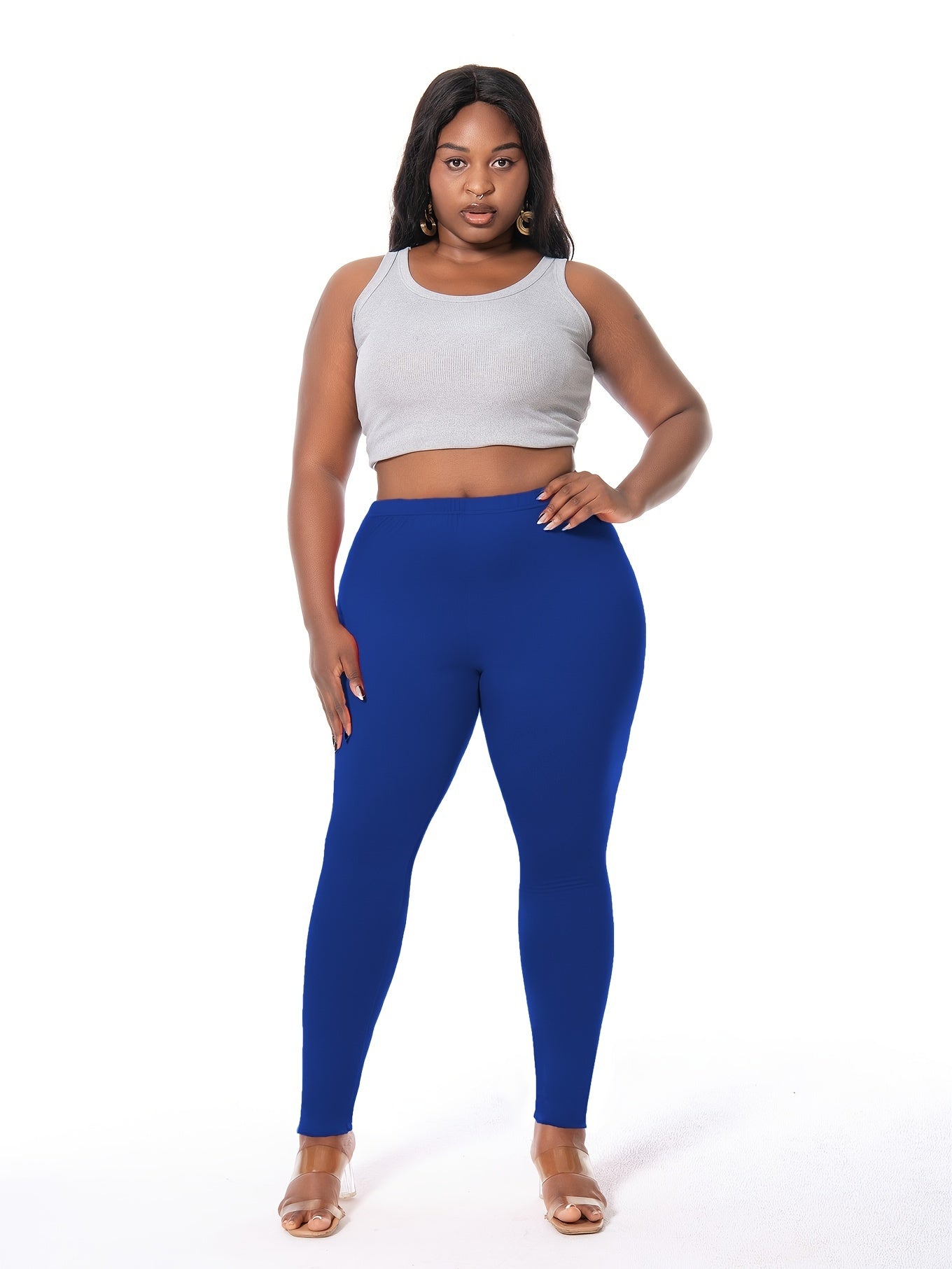 Sporty Leggings Women's Plus High Rise Solid Skinny Stretchy Leggings