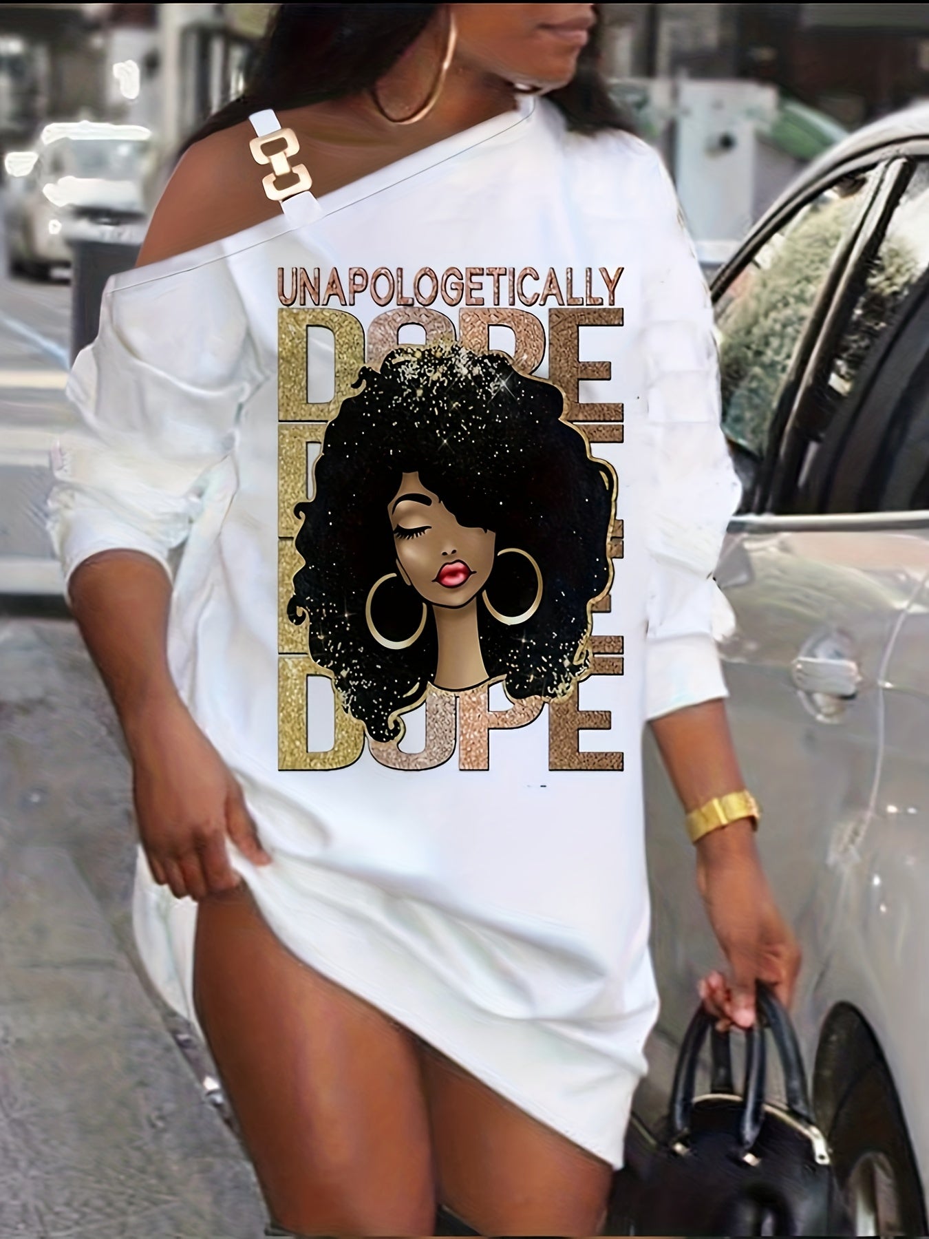 Women's One Shoulder Cartoon Print Long Sleeve Dress