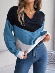 Block Polo Collar Sweater Drop Shoulder Knitted Top