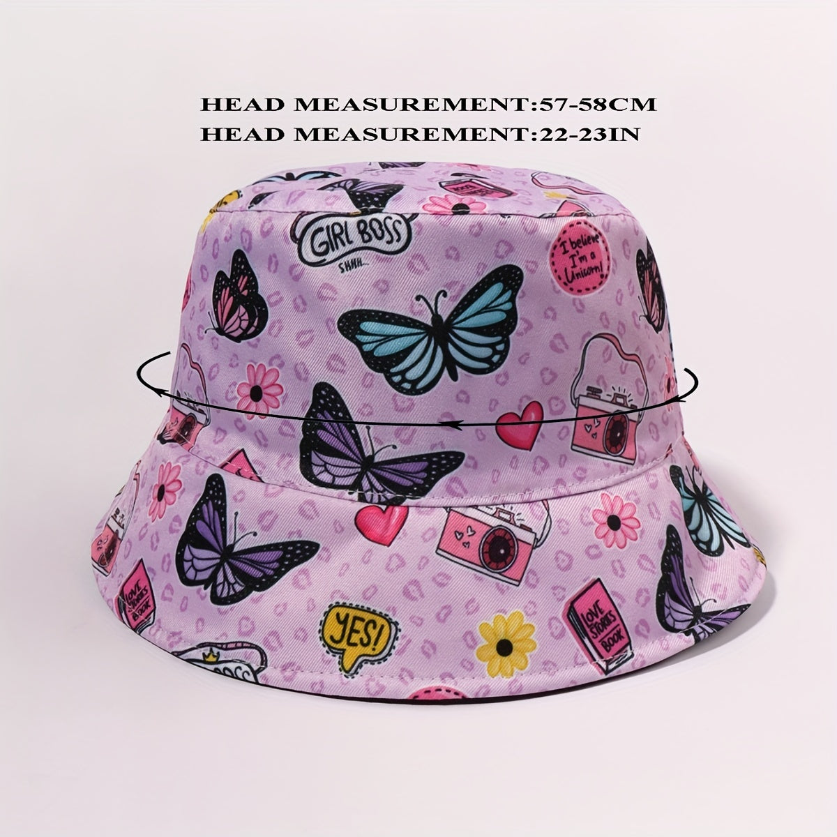 Pink Butterfly Print Reversible Bucket Hat Women Cloche Hat