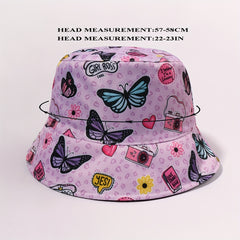 Pink Butterfly Print Reversible Bucket Hat Women Cloche Hat