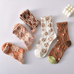 5 Pairs 3D Floral Textured Socks Retro Style All Match Women's Stockings