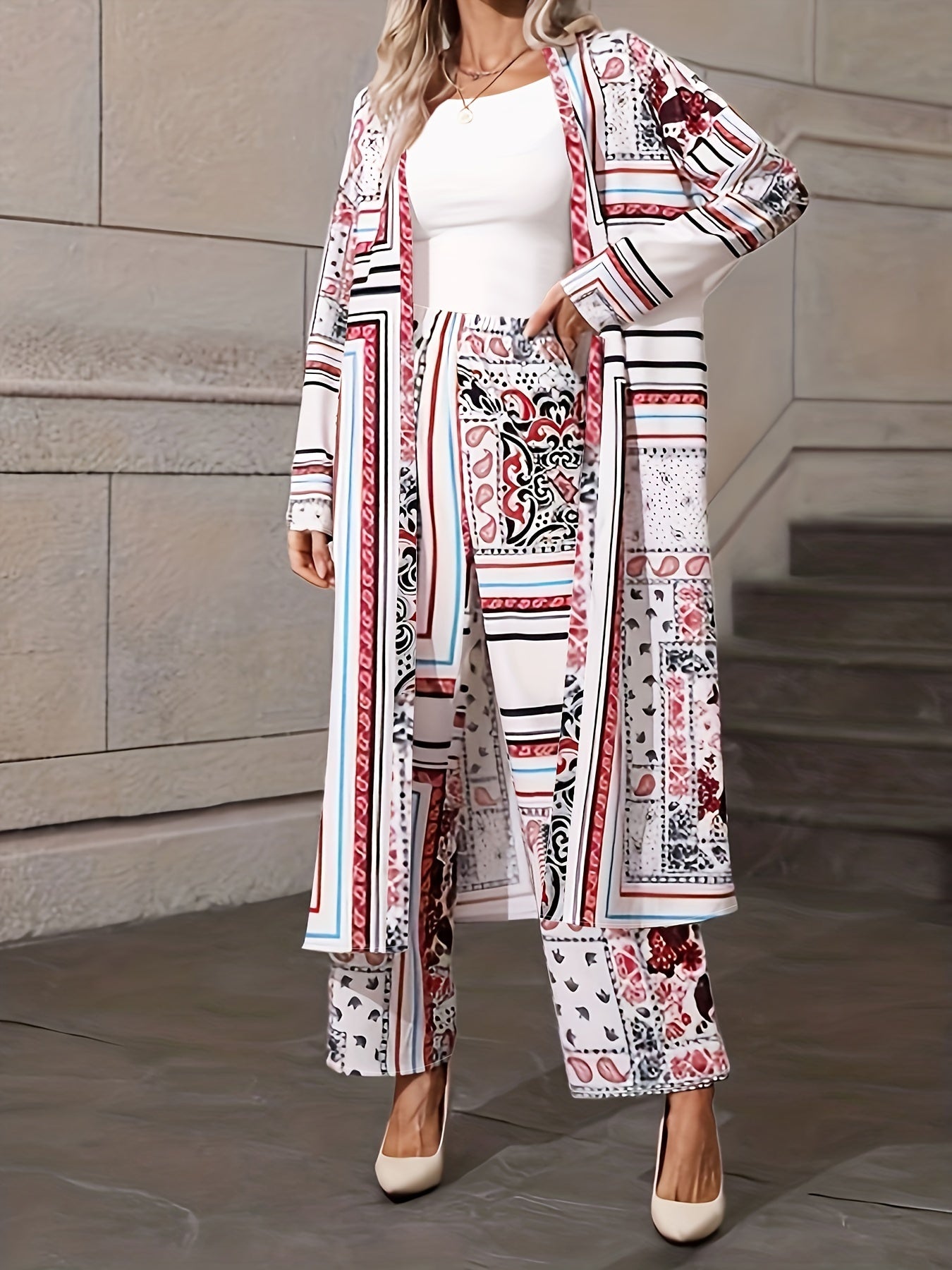 Women's Plus Floral & Scarf Print Cardigan & Pants Set