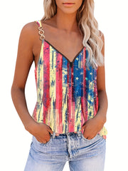 Plus Size Flag Print V Neck Cami Top Medium Stretch Independence Casual
