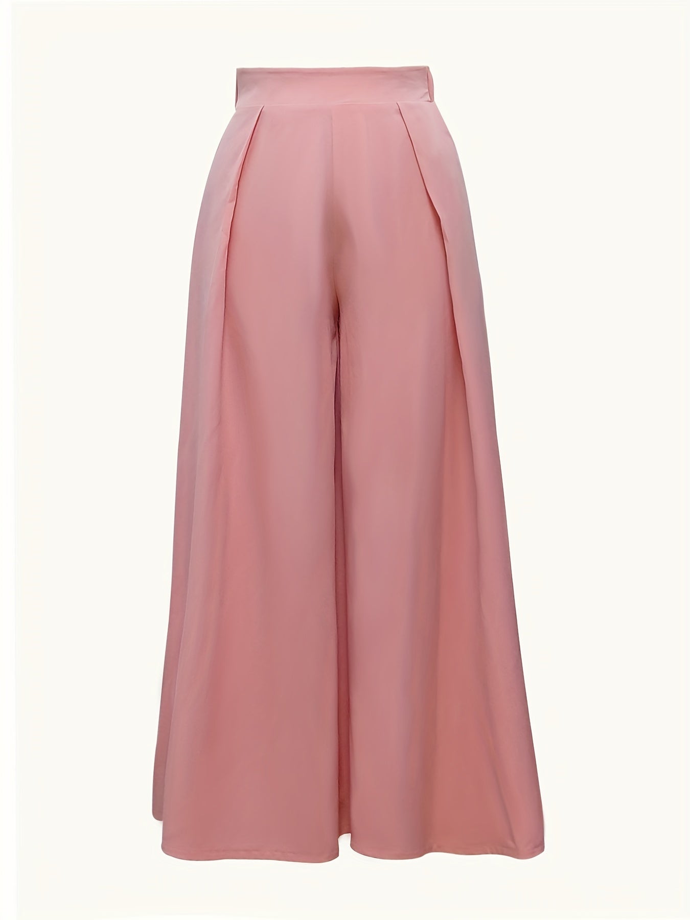 Solid Pleated Wide Leg Pants Dual Pockets High Waisted Pants