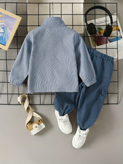 Boys Corduroy Sweatshirt & Pants Set, Stand Collar Zip, Elastic Waist