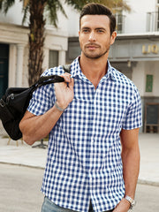 Men's Short Sleeve Plaid Shirt Button up Casual Small Plaid Regular Fit