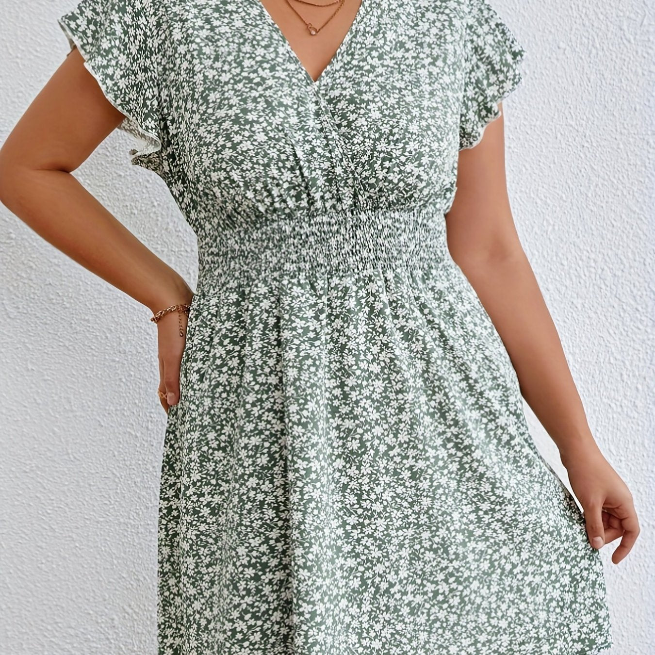 Women's Plus Ditsy Print Ruffle Sleeve Surplice Neck Dress