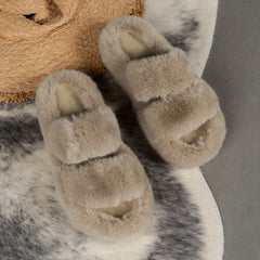 Women's Faux Fur Double Strap Slippers Warm Indoor Shoes