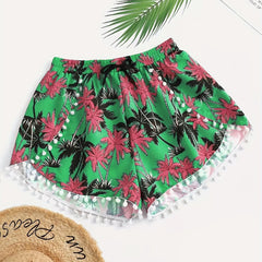 Vacay Shorts Women's Plus Tropical Print Mini Bow Pompom Trim