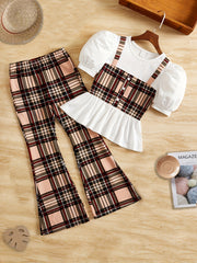 Girl's 2pc Puff Sleeve T-shirt & Flared Pants Set Plaid Pattern Outfit