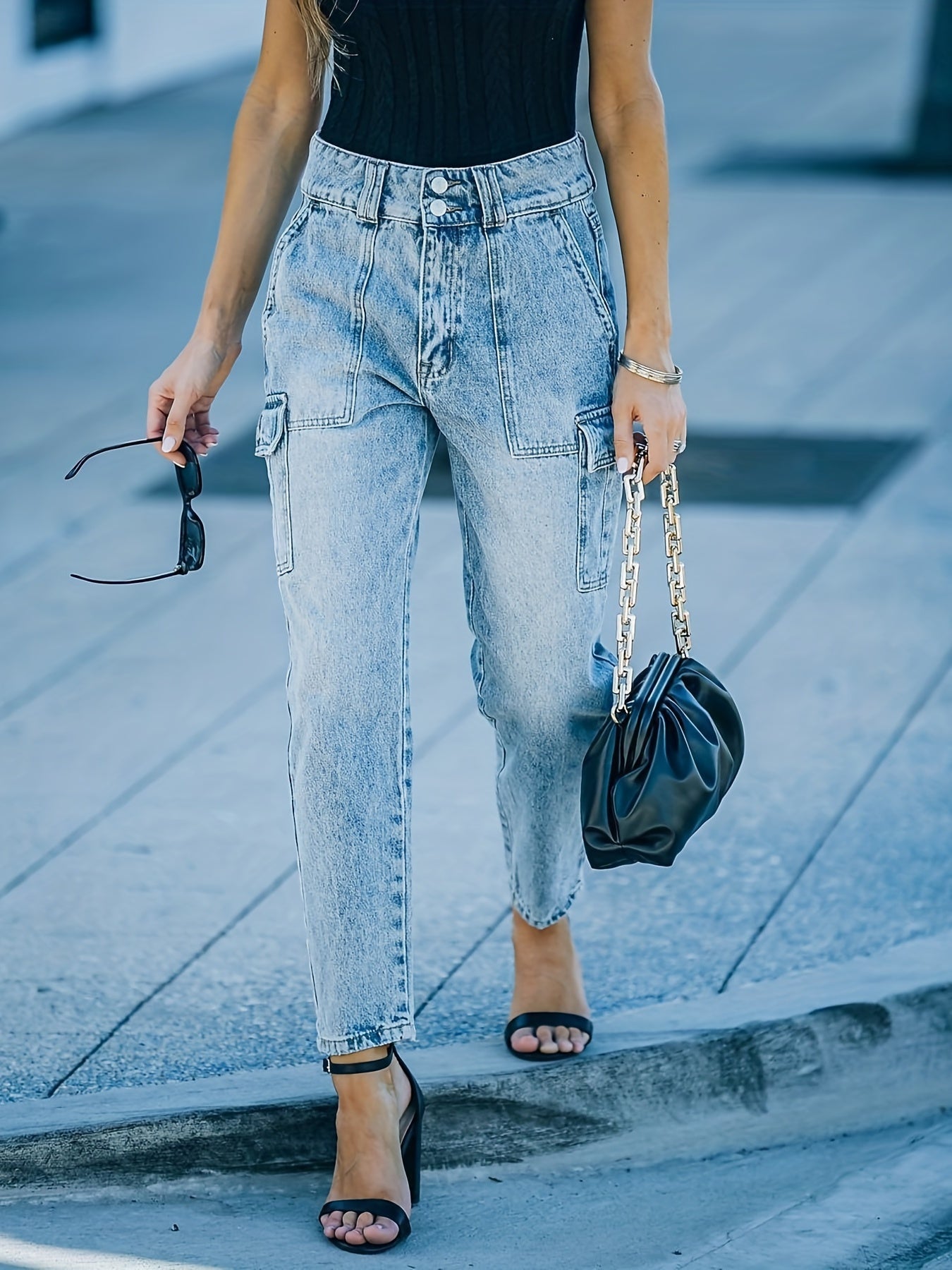 Flap Pockets Straight Jeans High Waist Non Stretch Cargo Pants