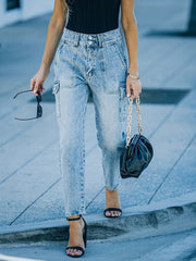 Flap Pockets Straight Jeans High Waist Non Stretch Cargo Pants