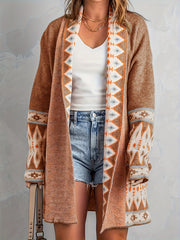 Geometric Print Long Sleeve Cardigan with Pockets