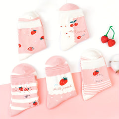 Girl's Cartoon Strawberry Striped Knitted Socks, 5 Pairs
