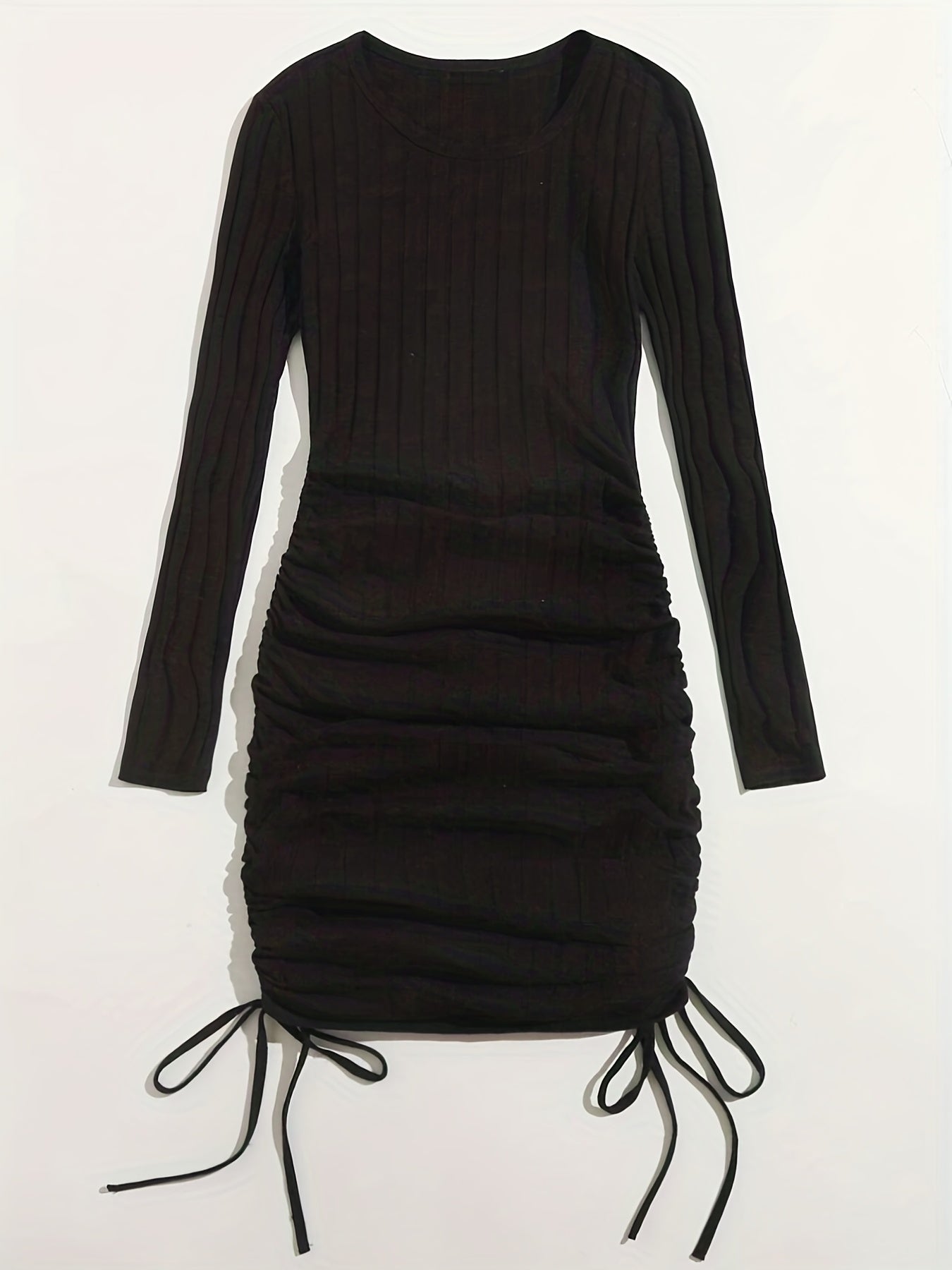 Ribbed Knit Drawstring Ruched Dress Long Sleeve Crew Neck Dress
