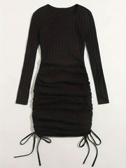 Ribbed Knit Drawstring Ruched Dress Long Sleeve Crew Neck Dress