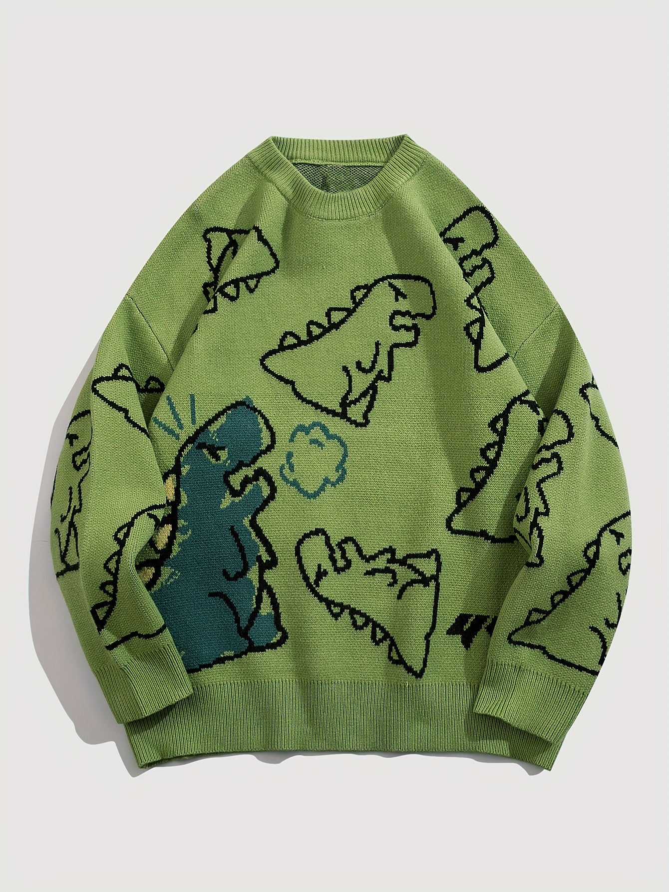 Dinosaur Pattern Knitted Sweater Men's Casual Warm Round Neck Pullover