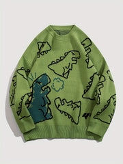 Dinosaur Pattern Knitted Sweater Men's Casual Warm Round Neck Pullover