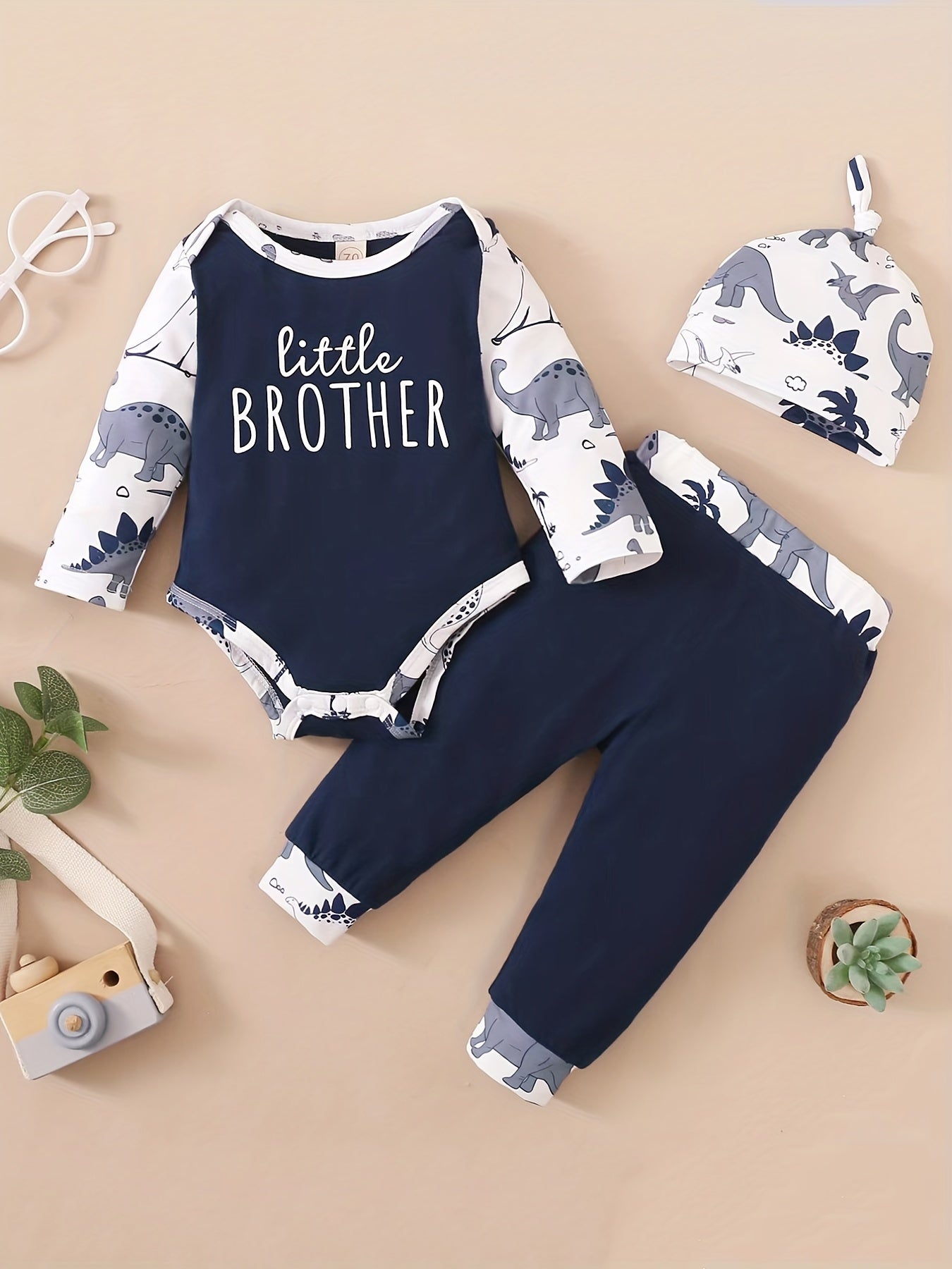 Baby Boy's Cotton Casual 3pc Set Dinosaur Print Romper Trousers Hat