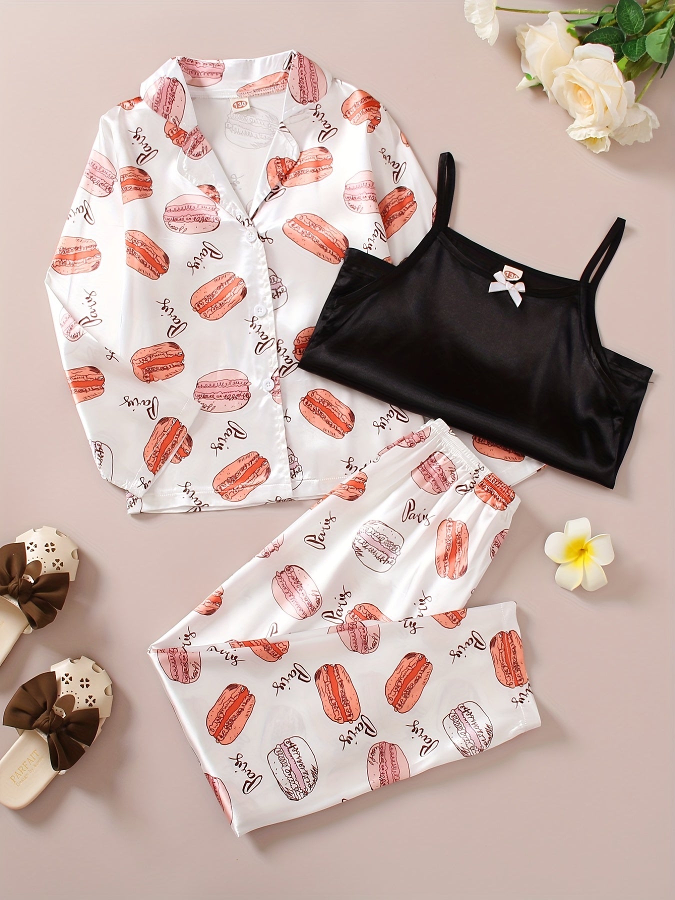 Kid's 3pcs Macaron Pattern Pajamas Set Comfy PJ Girl's Loungewear