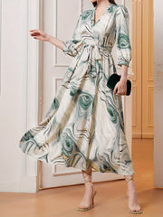 Marble Print Surplice Neck Dress 3/4 Sleeve Midi Dress