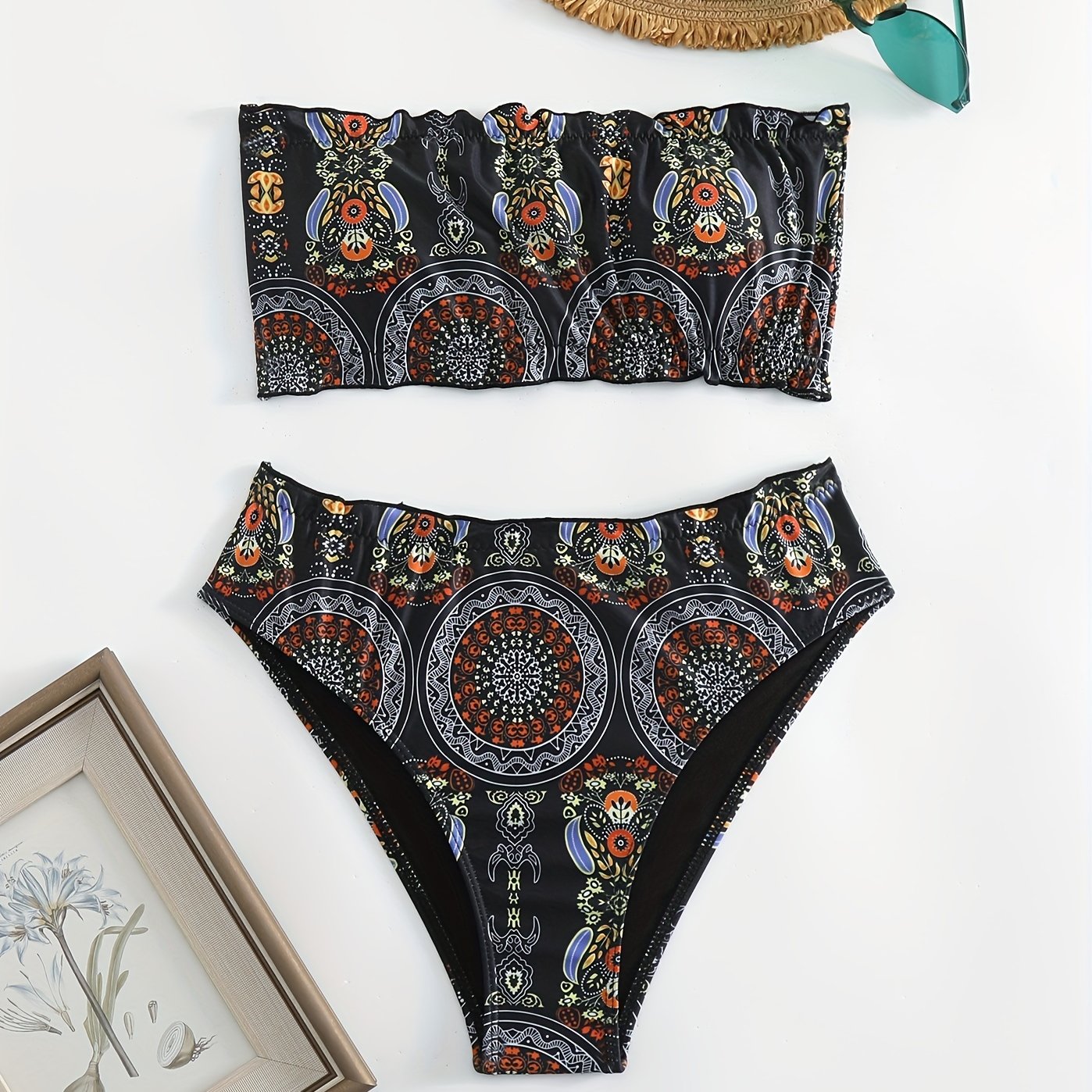 Geometric Pattern Bandeau Bikini 2 Piece Set Tube Top Tie Back