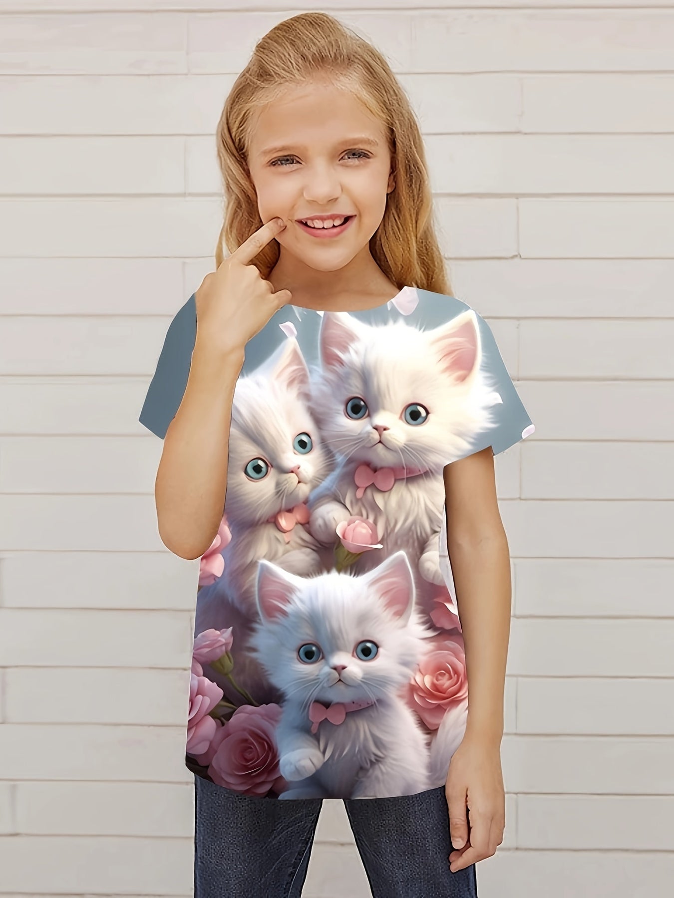 Cute Cats Graphic Short Sleeve T-shirt for Girls - Summer Gift