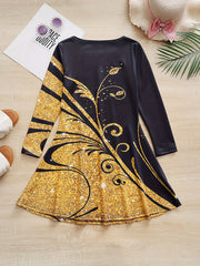 Girls 3D Flower Graphic Long Sleeve Dress Spring Fall Party Gift