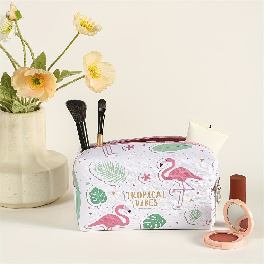 Flamingo Pattern Makeup Bag Roomy Square PU Makeup Pouch Zipper Travel Organizer