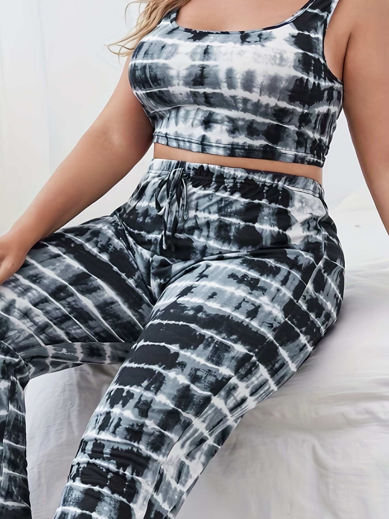 Tie Dye Striped Crop Tank & Bow Knot Pants Lounge Set