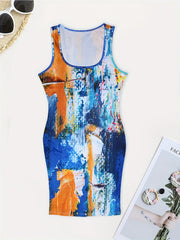 Casual Tank Dress Women's Plus Random Print Scoop Neck Slight Stretch