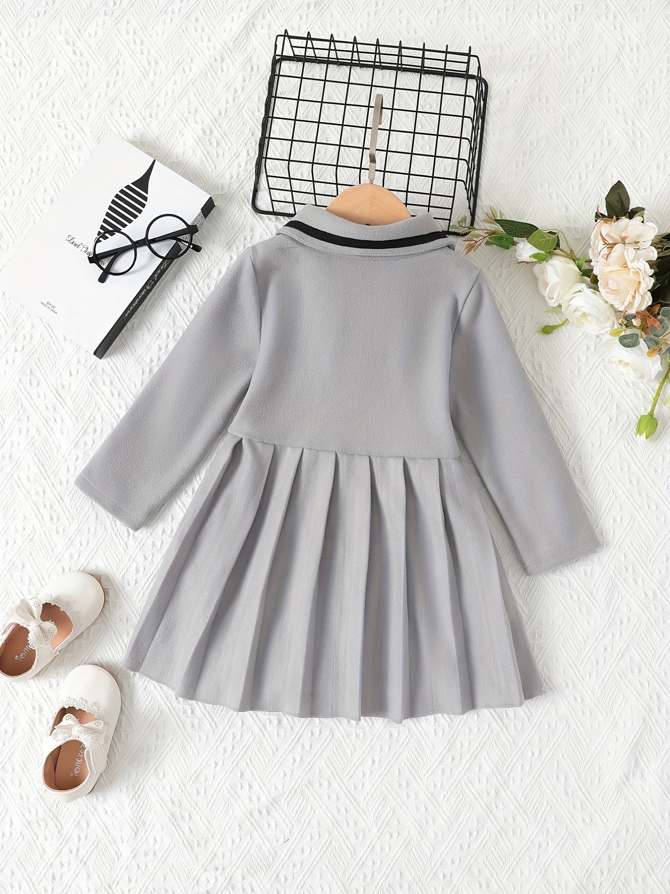 Preppy Dress For Girls Button Collar Solid Long Sleeve A Line Dresses