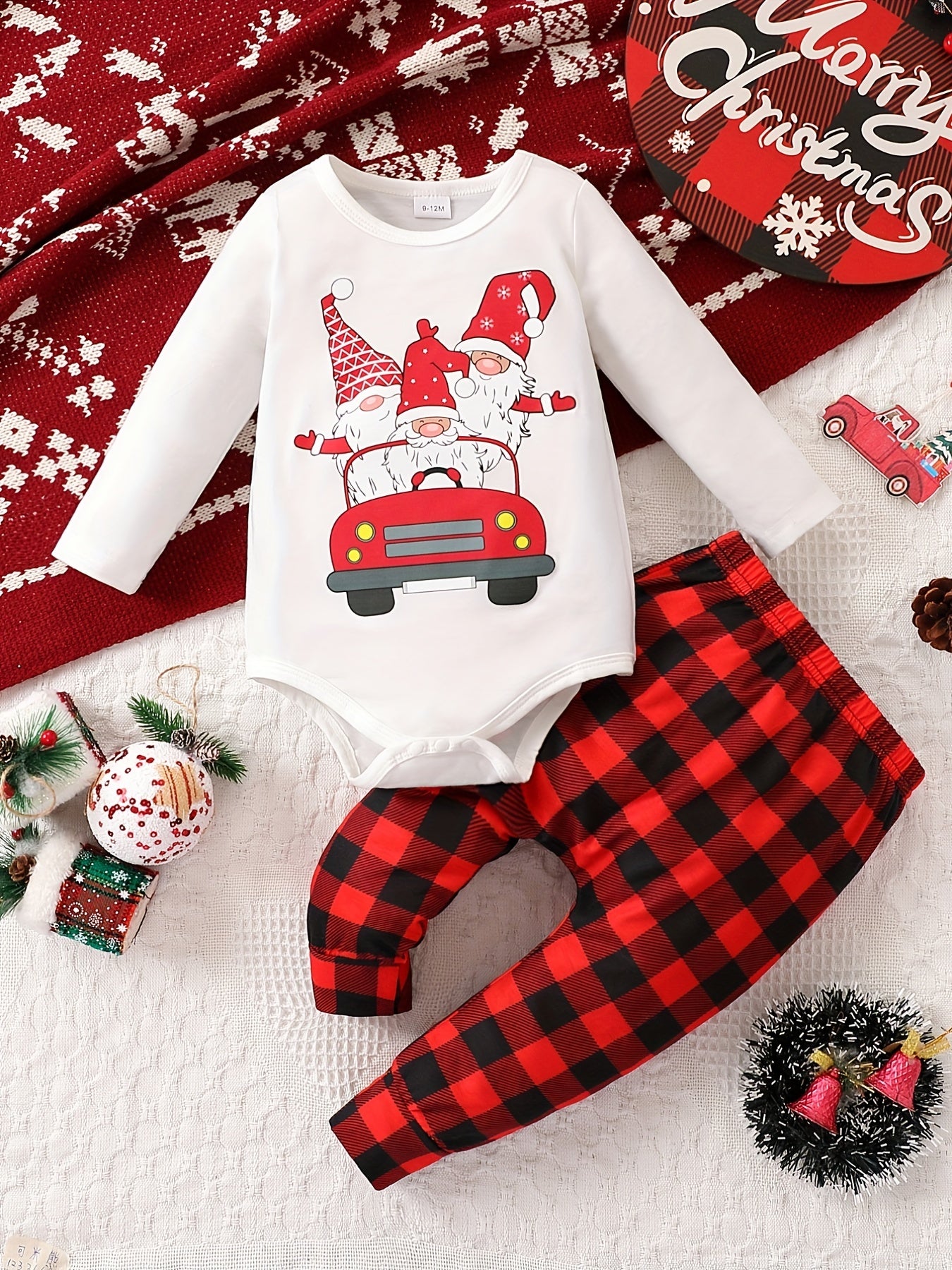 Toddler Boys Christmas Outfit Santa Claus Graphic Bodysuit Plaid Trousers Set