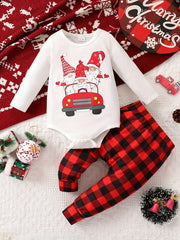 Toddler Boys Christmas Outfit Santa Claus Graphic Bodysuit Plaid Trousers Set