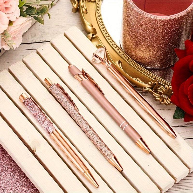 Metal Crystal Pen Set with Pen Holder, Glitter Fancy Ink Desktop Storage Box