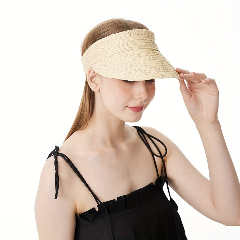 Solid Straw Visor Lightweight Sun Hat Women UV Protection Foldable Beach Hat