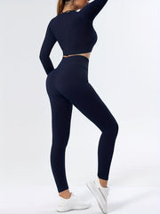 Women's Ribbed Yoga Set: Long Sleeve Top & High Waist Leggings