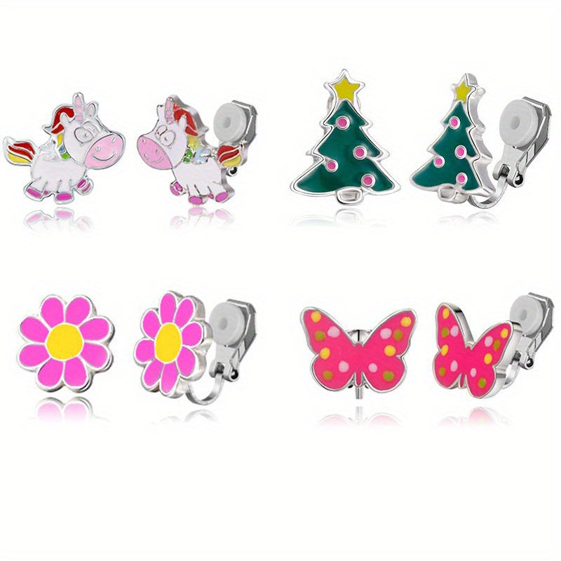 4 Pairs Colorful Ear Clips for Kids, Rainbow Bunny Butterfly Snail