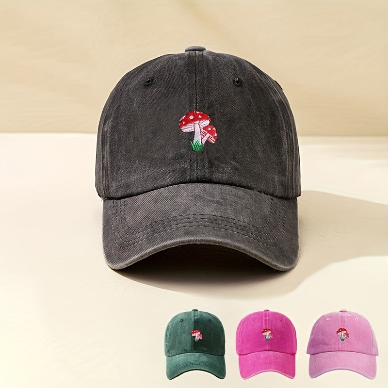 Unisex Sunshade Adjustable Baseball Cap with Mushroom Embroidery