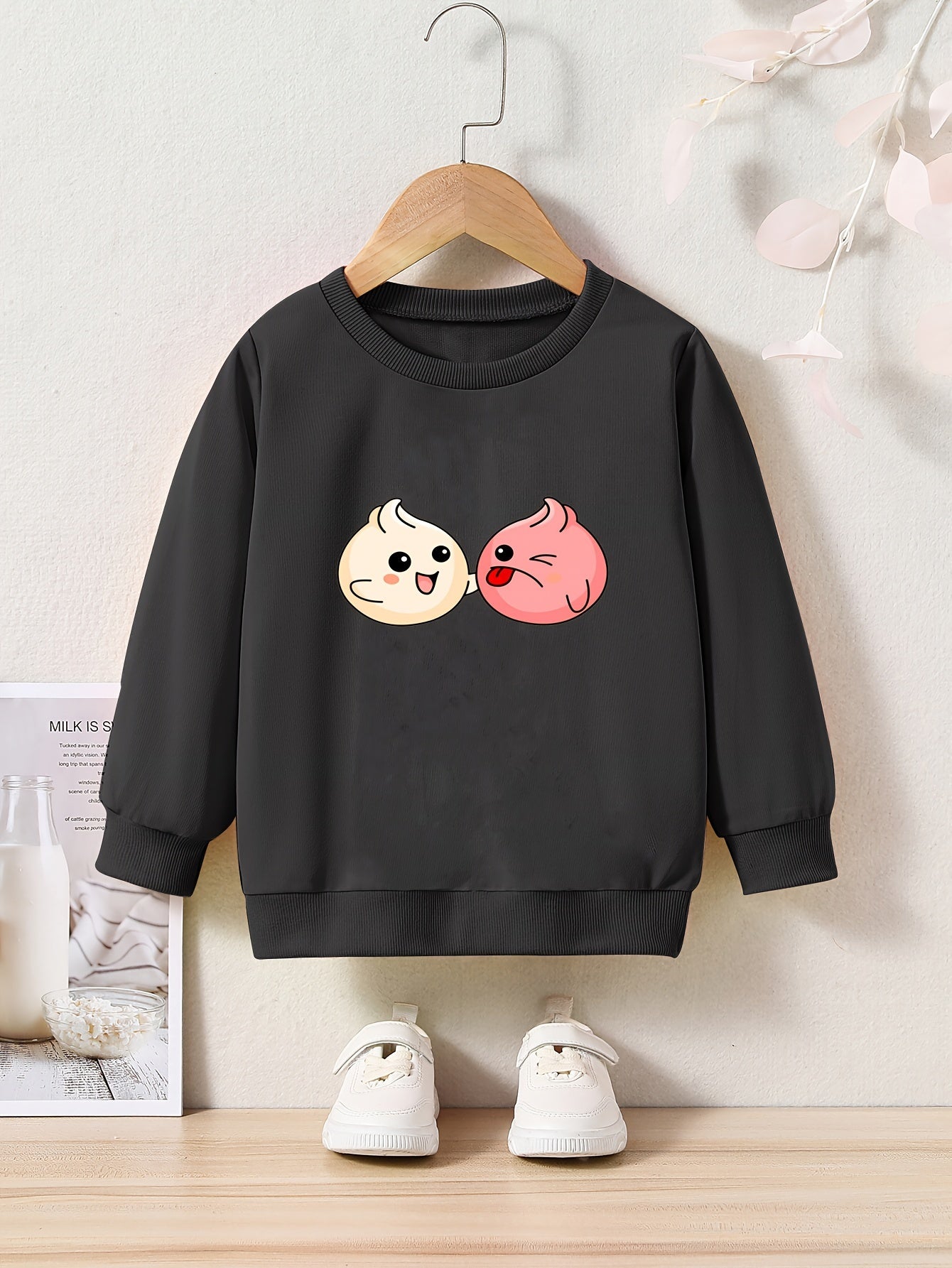 Girls Cartoon Buns Sweatshirt Crew Neck Tops for Fall Winter