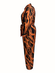 Abstract Striped Print Long Sleeve Belted Jumpsuit Plus Size