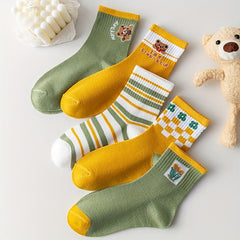 5 Pairs Floral & Bear Print Socks Mid Tube Women's Stockings Comfy Hosiery