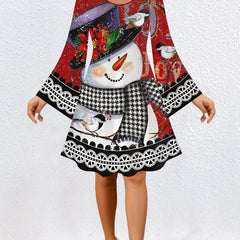 Colorblock Snowman Print Long Sleeve Dress