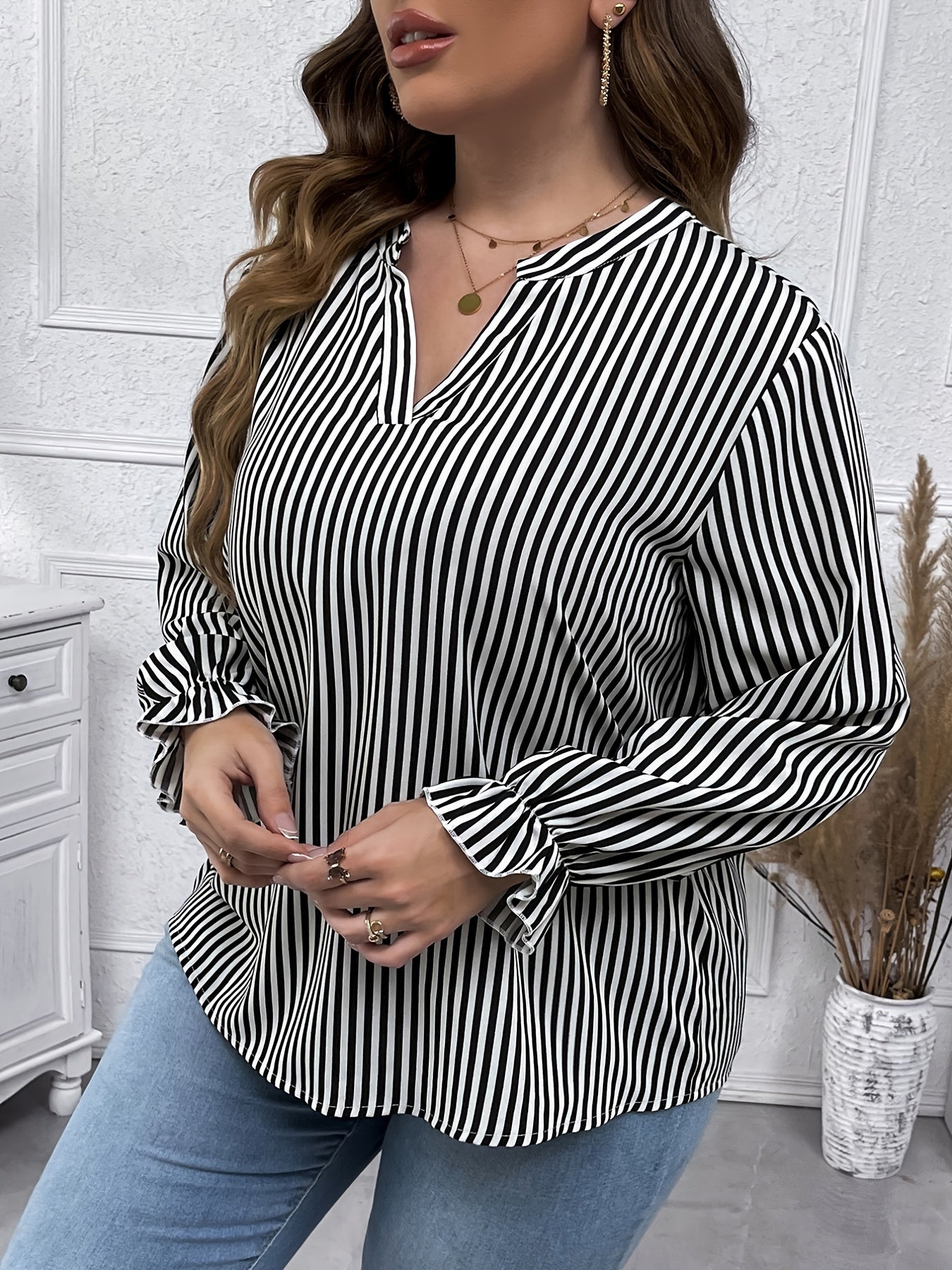 Striped Print Lantern Sleeve V Neck Blouse Plus Size Casual Blouse