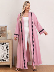 Boho Abaya Robe Contrast Lace Long Sleeve Open Front Dress