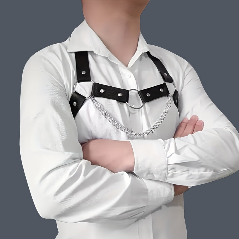 Men's PU Leather Chest Strap With Chain Suspender Straps