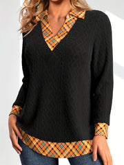 Colorblock Plaid Print Cable Long Sleeve V Neck Sweater